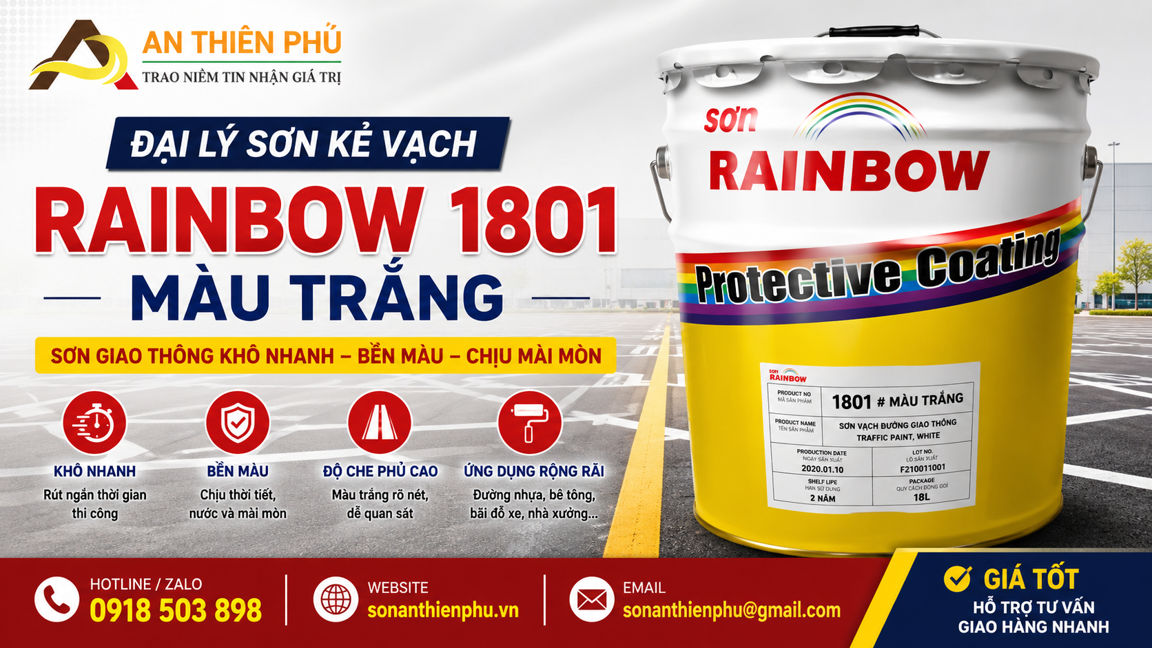 Sơn kẻ vạch Rainbow 1801 màu trắng quy cách 18L